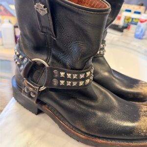 Harley-Davidson Black Leather Studded Harness Boots with Silver Hardware